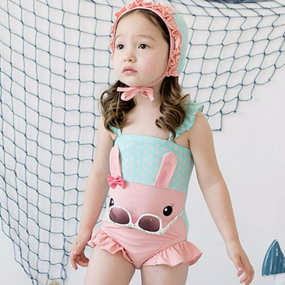 Bullpiano 1-7T Toddler Girls Ruffled Swimsuits One Piece Cartoon Rabbit Bathing Suits Summer Dot Beach Swimwear Bow Princess Beachwear with Swim Cap for Summer Vacation (Blue)