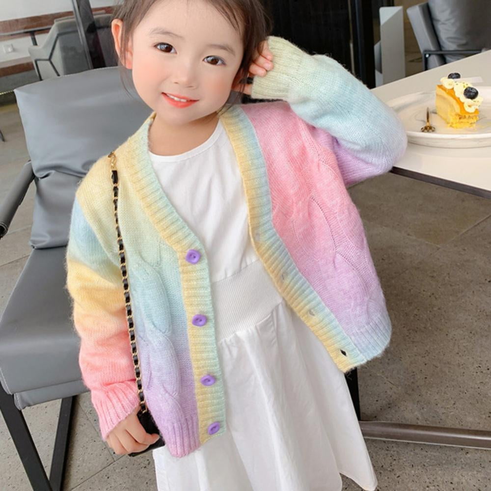 Bullpiano 2 9Years Kids Baby Girls Autumn Winter Rainbow Stripe Knitted Cardigan Sweater Full Sleeve Outwear Coat Children Girls Rainbow