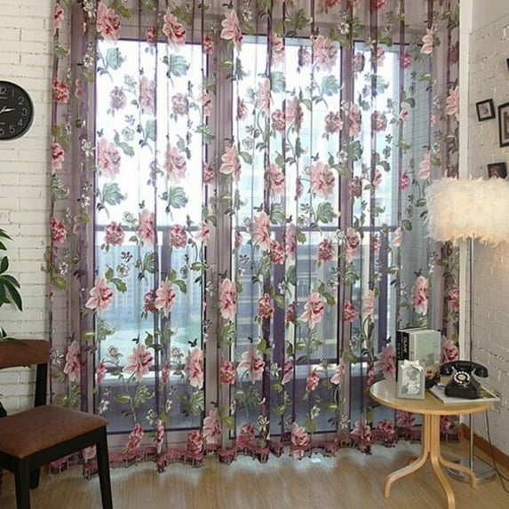 Bullpiano 200X100CM Floral Sheer Tulle Voile Curtain, Elegant Floral Tulle Voile Window Panel Drape Scarf Valances Curtains (Wine Red With Beads)