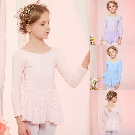 Bullpiano 3-10T Girls Ballet Leotards Long Sleeve Leotard with Skirt Dance Dress Toddler Dance Leotard Outfits