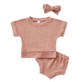 thumbnail image 1 of Bullpiano 3Pcs Baby Short Sleeve Solid Tee Tops+Shorts+Headband Set, Newborn Summer Clothes Suit, Toddler Outfits, 0-24 Months, 1 of 6
