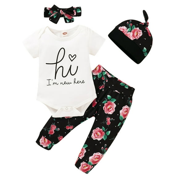 Bullpiano 4Pcs Infant Baby Girl Romper Pants Headband Hat Clothes Outfit Set 0-18Months