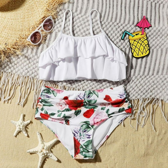 Bullpiano 7-11T Toddler Girls Swimsuits Two-Pieces Bathing Suits Padded Ruffled Top And Floral Bottoms Quick Dry Swimwear Kids Sunsuit Tankini Suit for Swimming Pool (White)