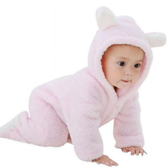 Bullpiano Autumn Winter Baby Girls Boys Warm Coral Fleece Rompers, Kids Cartoon Hooded Bodysuit Jumpsuit, Newborn-12 Months