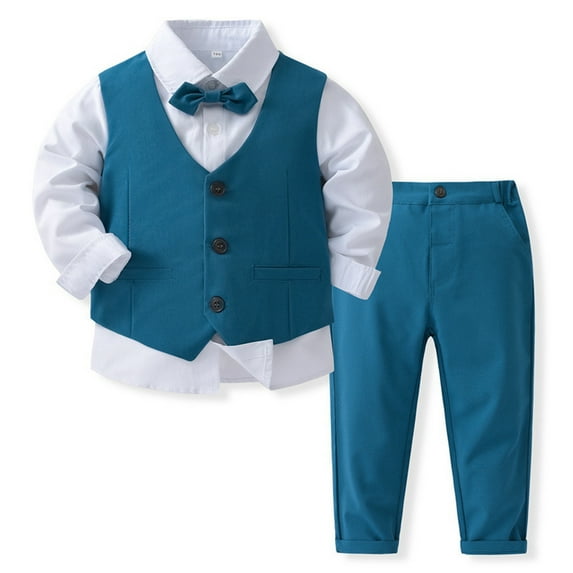 Bullpiano Boys Gentleman Suit Set Formal Dress Shirt Tuxedo Ves Pants Bowtie 4pcs Boy Clothes Outfit Suit