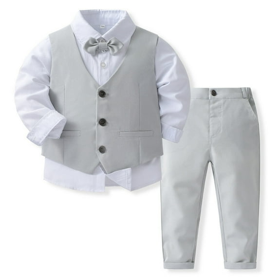 Bullpiano Boys Gentleman Suit Set Formal Dress Shirt Tuxedo Ves Pants Bowtie 4pcs Boy Clothes Outfit Suit