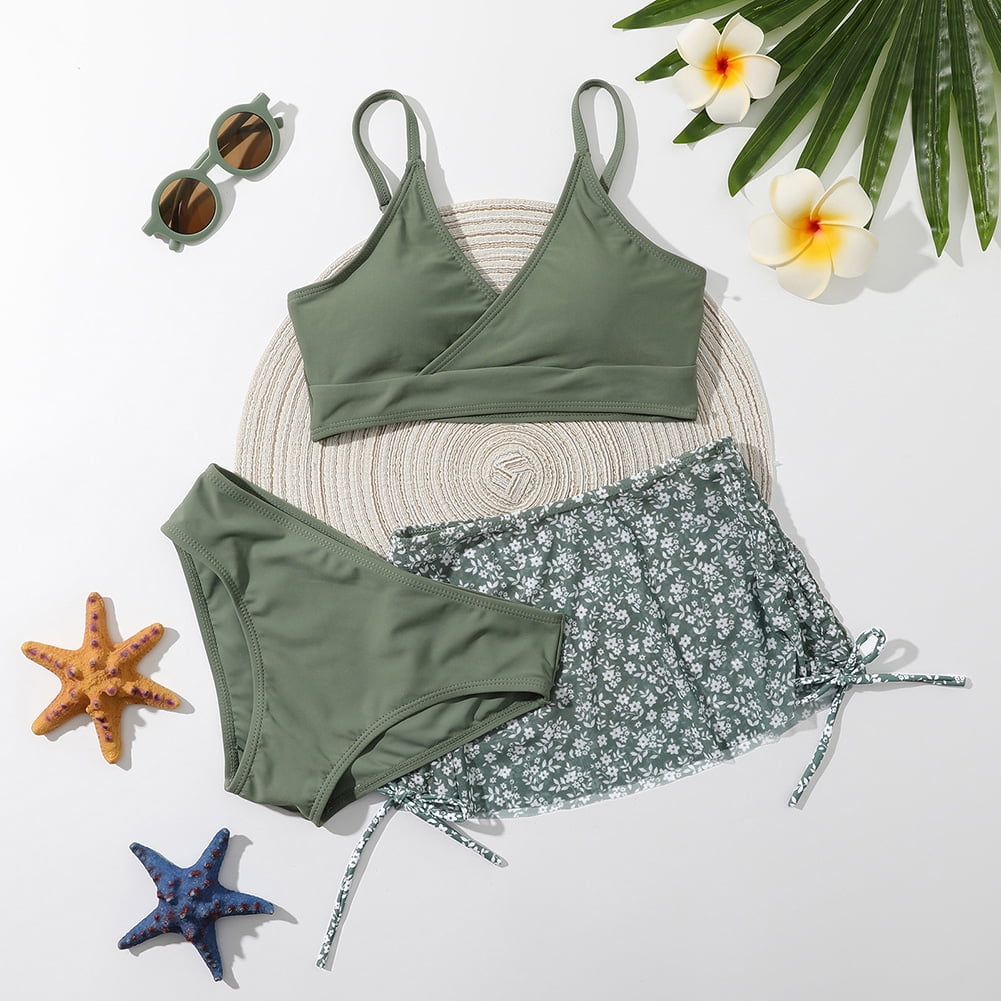 Bullpiano Girls Swimsuits, Big Girls Solid 7-12 Bikinis Bathing Suit, 3 Pieces, Size 7-12T