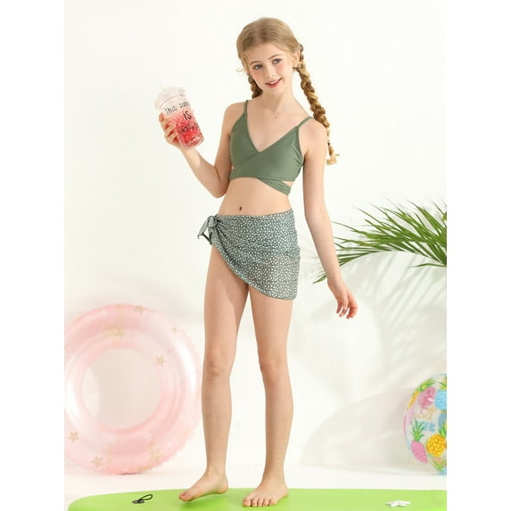 Bullpiano Girls Swimsuits, Big Girls Solid 7-14 Bikinis Bathing Suit, 3 Pieces, Size 7-14T