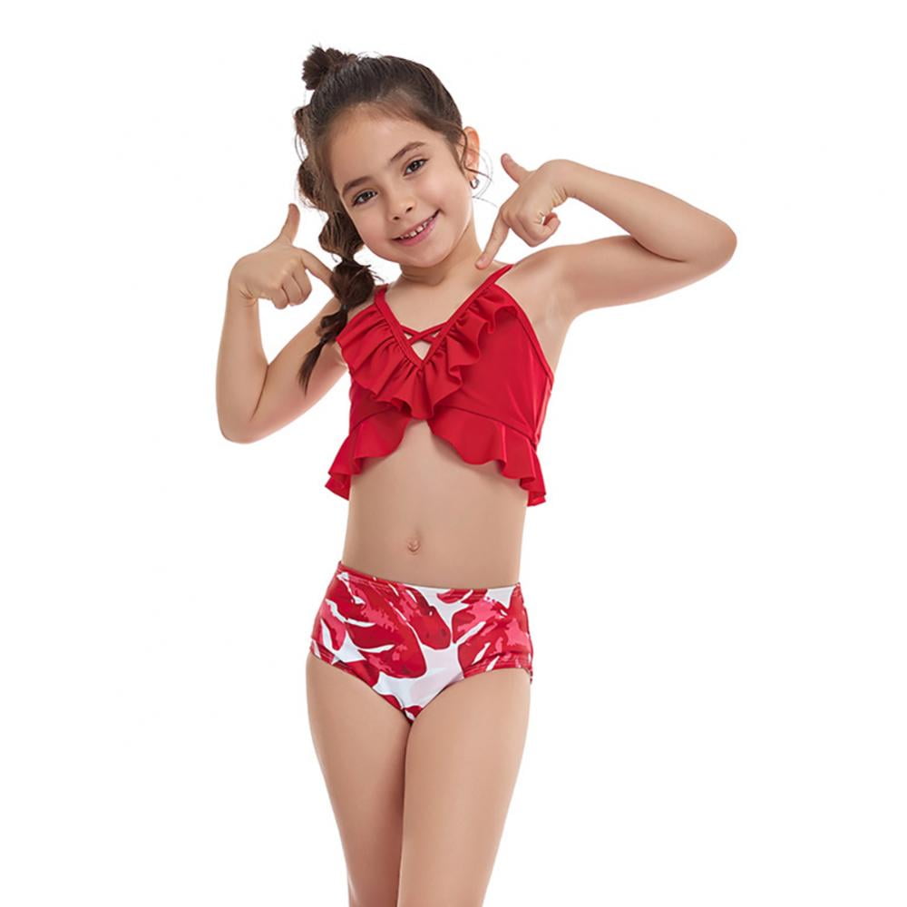 Bullpiano Swimsuits for Girls 7-11 Years Cute Heart Printed Swimwear Bikini  Set Carton Bathing Suit with Cover Up Beach Skirt 7-11 Years 7-8 Years