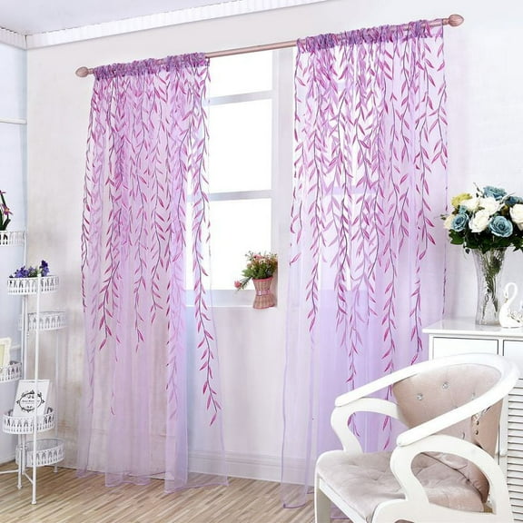 Bullpiano Leaf Embroidered Sheer Panel, Closet Curtains for Bedroom Closet Door, Outdoor Curtains, Boho Curtains for Bedroom, Window Crushed Gauze Room Curtain Voile Tulle Window Drapery Rod Pocket