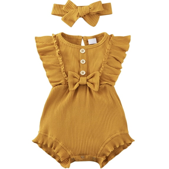 Bullpiano Newborn Baby Girl Romper Ruffle Sleeveless Jumpsuit Cotton Bodysuit with Headband Summer Clothes Outfit Crawling Clothes Jumpsuit