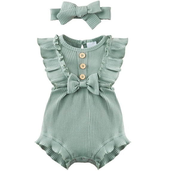 Bullpiano Newborn Baby Girl Romper Ruffle Sleeveless Jumpsuit Cotton Bodysuit with Headband Summer Clothes Outfit Crawling Clothes Jumpsuit