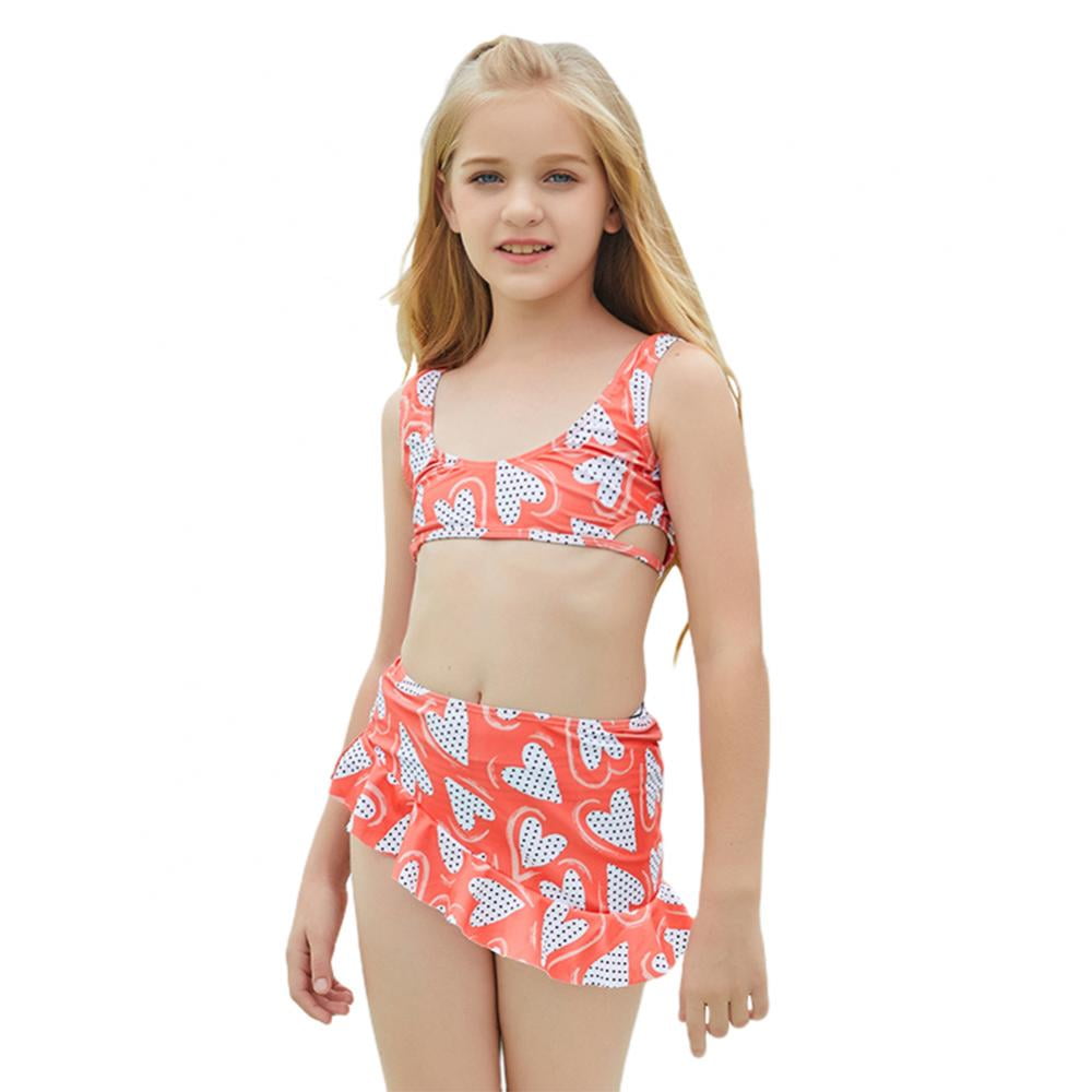 Bullpiano Swimsuits for Girls 7-11 Years Cute Heart Printed Swimwear Bikini  Set Carton Bathing Suit with Cover Up Beach Skirt 7-11 Years 8-9 Years 