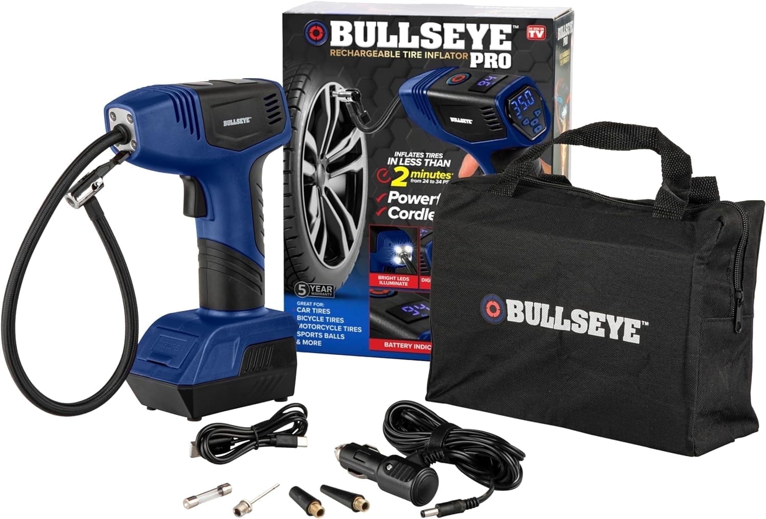 Bullseye 12V Portable Pressure Gauge Tire inflator Pump - Blue