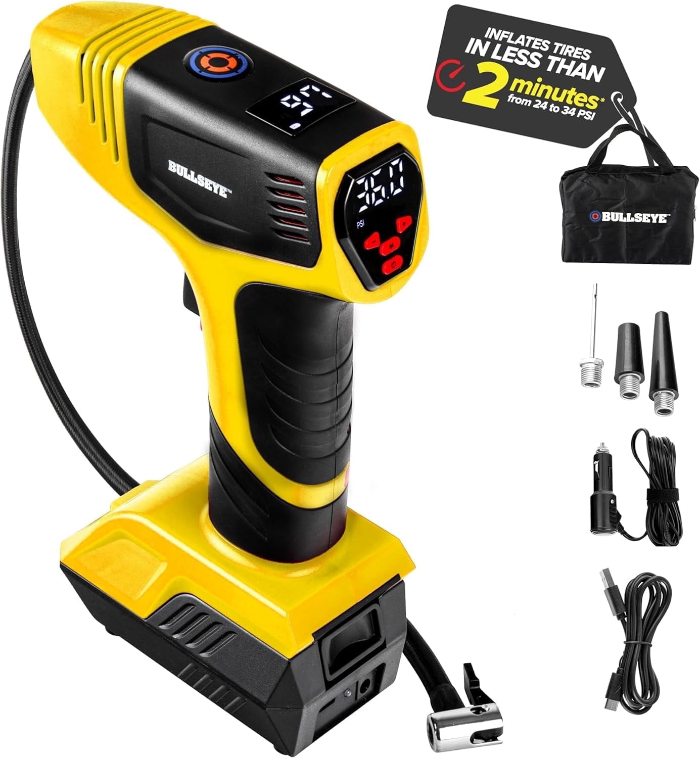 Bullseye Pro Tire Inflator with Pressure Gauge, Compact and Portable, Automatic Shut Off, 150 PSI Max, USB Home Rechargeable and Cord for Vehicular Use As Seen On TV, Yellow