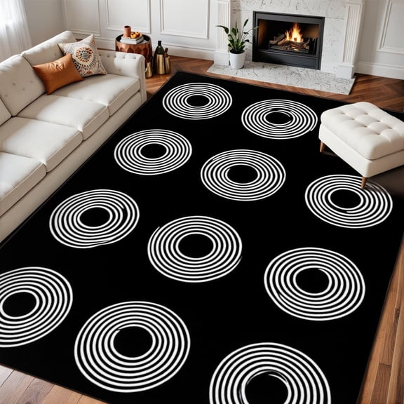 Bullseye Circle Area Rug, Black Concentric Pattern Carpet, Washable Non Slip Low Pile Soft Thin, Classroom Playroom Nursery School Home Decor Mat 2x3ft