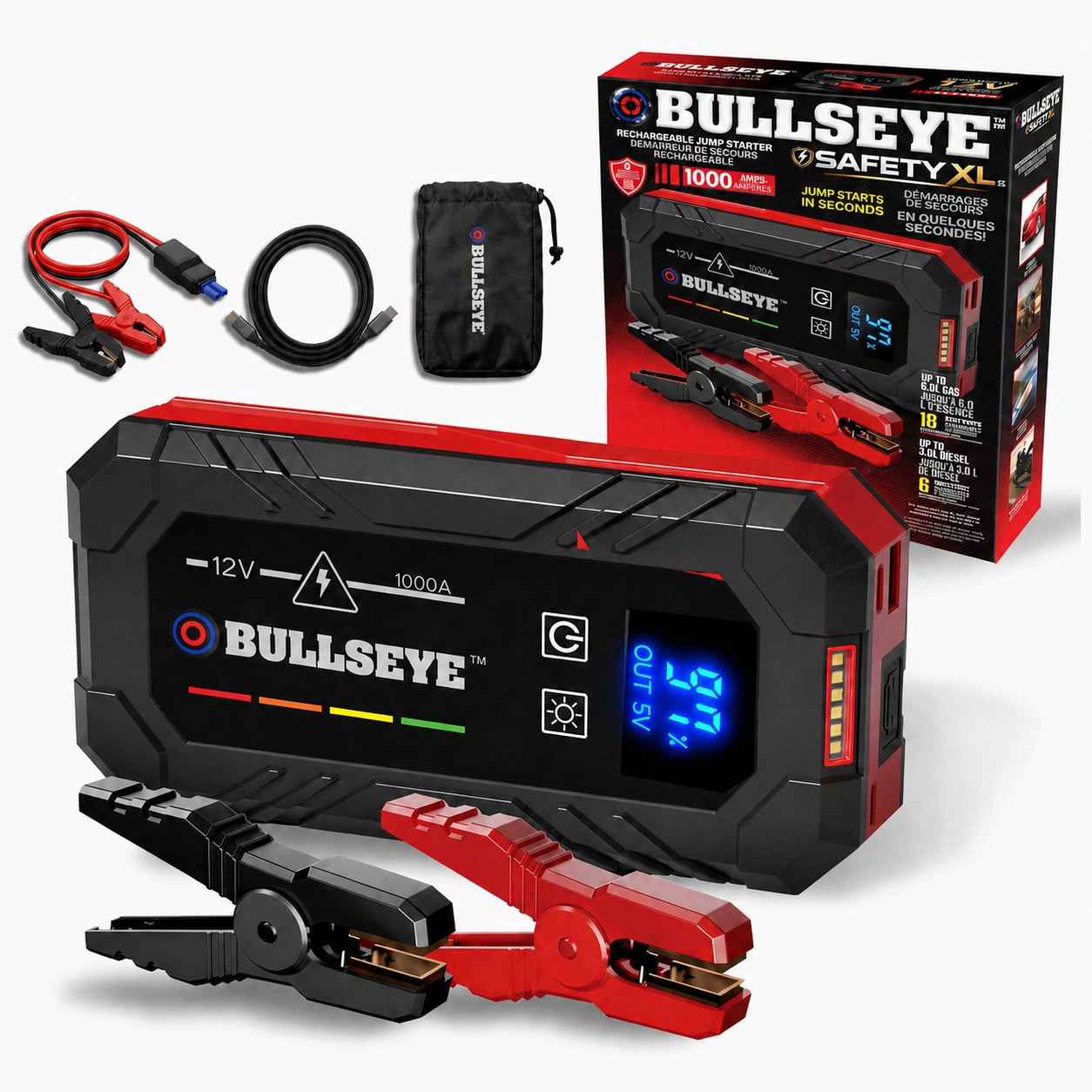 Bullseye Safety 1000A Car Battery Jump Starter Box with Jumper Cables, 12V Car Jump Starter Portable Booster for 6.0L Gas and 3.0L Diesel Engines, 2250 mAh Rechargeable, Reverse Polarity Protection