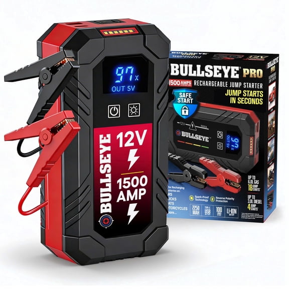 Bullseye Safety XL 1500A Car Battery Jump Starter Box w/ Jumper Cables, 12V Car Jump Starter Portable Booster for 6.0L Gas and 3.0L Diesel Engines, 2250 mAh Rechargeable, Reverse Polarity Protection