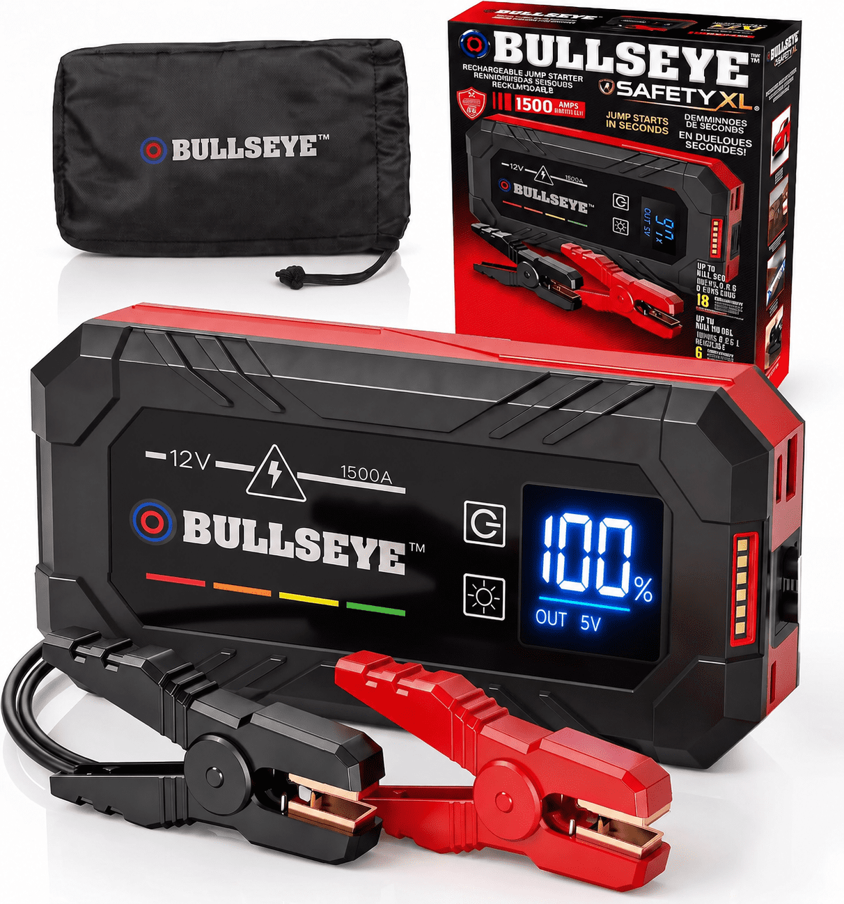 Bullseye Safety XL 1500A Car Battery Jump Starter Box w/ Jumper Cables, 12V Car Jump Starter Portable Booster for 6.0L Gas and 3.0L Diesel Engines, 2250 mAh Rechargeable, Reverse Polarity Protection