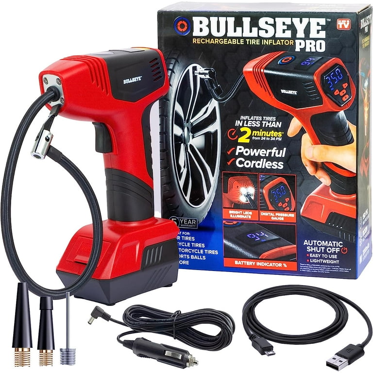 Bullseye Pro Tire Inflator 150 PSI Electric Air Compressor Portable Air Pump Car Bike LED 12V DC Red