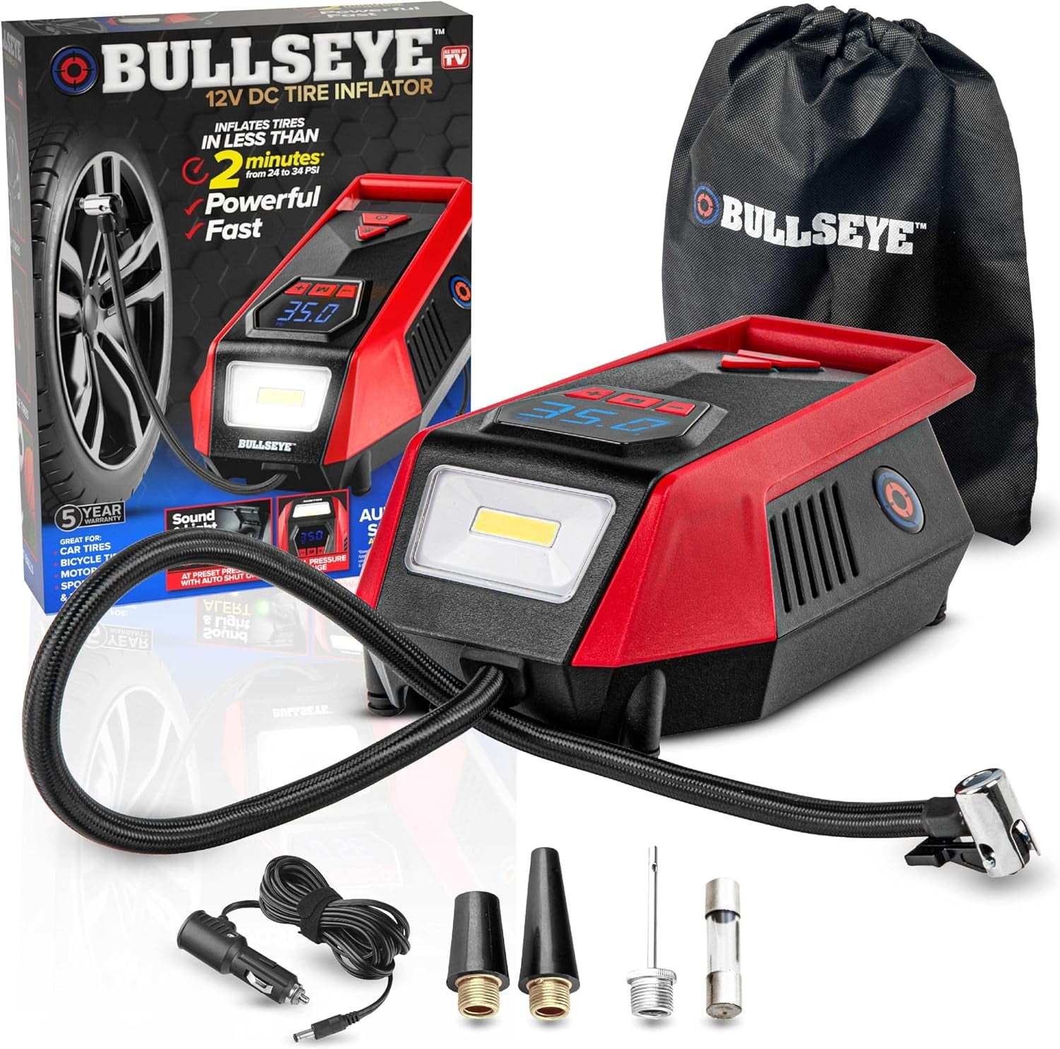 Bullseye Tire Inflator 150 PSI Portable Air Compressor Electric Pump For Car Auto LED Tire Pressure Gauge 12V DC