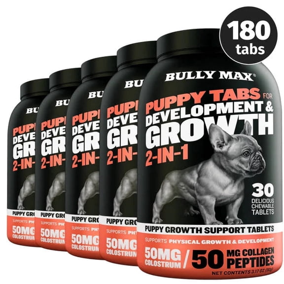 Bully Max Puppy Tabs Supplement for Growth & Development, Bone Strength, Joint Support, Immune Health, Brain Function with Colostrum, Collagen, Omega-3