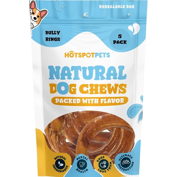 Bully Stick Rings for Dogs (5 Pack) - Premium All Natural Beef Pizzle Chew Treats - Grain