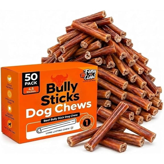 Bully Sticks for Dogs, 50 Count 4.5 Inch Bulk Pack Single-Ingredient Long-Lasting Beef Chews for Aggressive Chewers, Rawhide-Free Grain-Free Dog Bones for Large and Medium Breeds