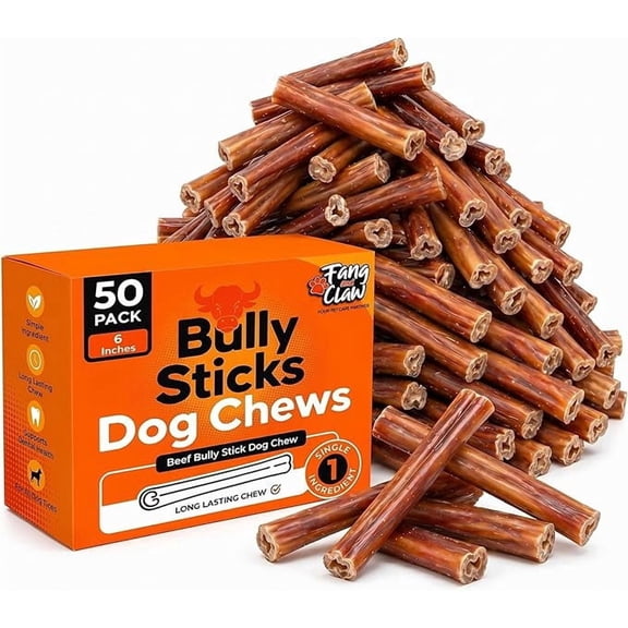 Bully Sticks for Dogs, 50 Count 6 Inch Bulk Pack Single-Ingredient Long-Lasting Beef Chews for Aggressive Chewers, Rawhide-Free Grain-Free Dog Bones for Large and Medium Breeds.