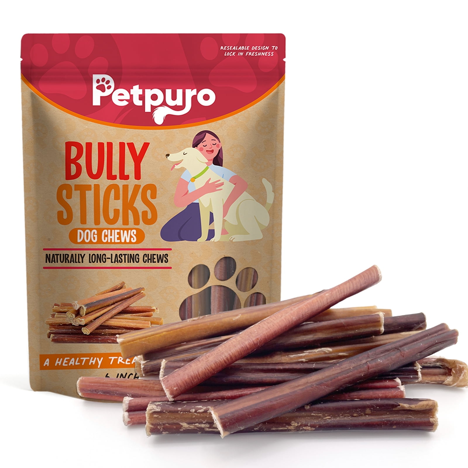 PETPURO Bully Sticks for Dogs, 6 in, 10 Count, Long-Lasting Natural Beef Chews, Low Odor