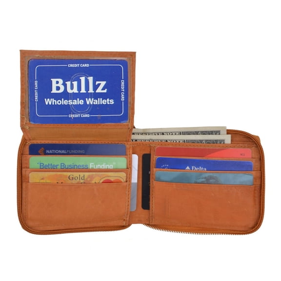 Bullz Genuine Leather Bifold Credit Card Holder Zip Around Men's Wallet