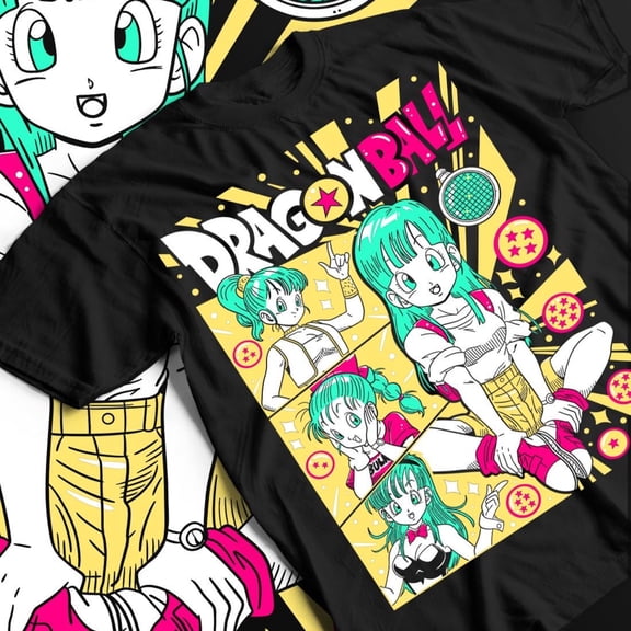 Bulma Retro Manga Panels & Dragon Radar Graphic Black T-Shirt, 90s Anime Girl Tee, Bunny Suit Top