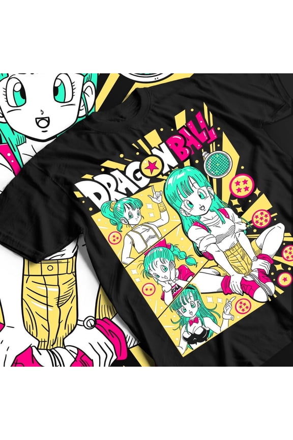 Bulma Retro Manga Panels & Dragon Radar Graphic Black T-Shirt, 90s Anime Girl Tee, Bunny Suit Top