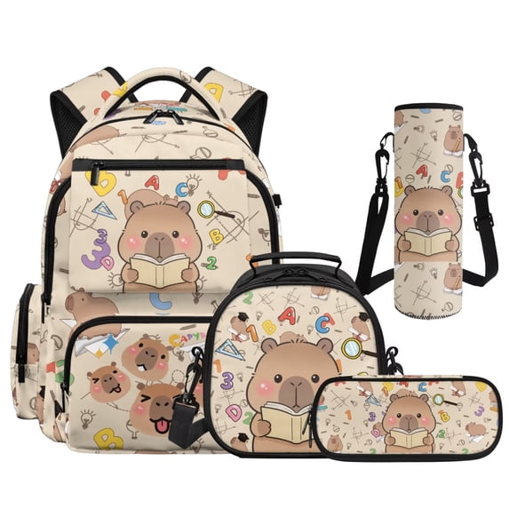 Bulopur 17 Inch 4 PCS Backpack Set Capybara Print School Bag with Full Accessories for School and Learning Use