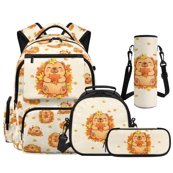 Bulopur 17 Inch 4 Piece Backpack Set Autumn Leaf Bear Print School Bag with Lunch Box, Water Bottle Holder and Pencil Case for School