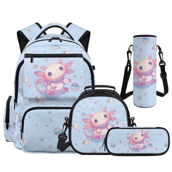 Bulopur 17 Inch 4 Piece School Backpack Set, Bubble Axolotl Print School Bookbag with Lunch Box, Water Bottle Holder and Pencil Case for School and Fantasy Lovers