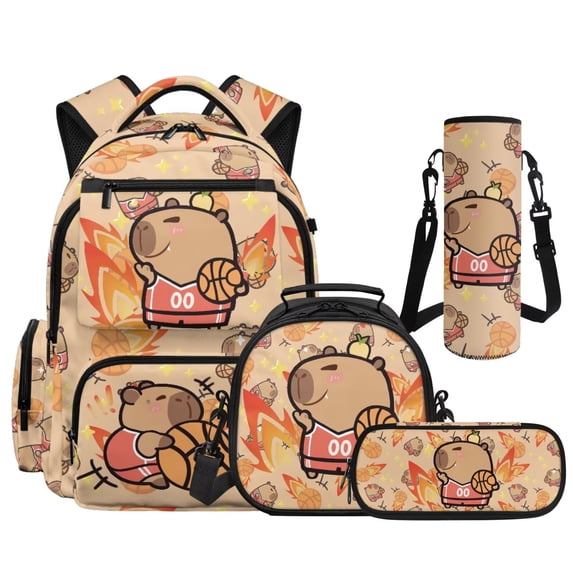 Bulopur 17 Inch 4-in-1 School Backpack Set, Basketball Capybara Print School Bag with Lunch Bag, Water Bottle Sleeve and Pencil Case for Casual Activities