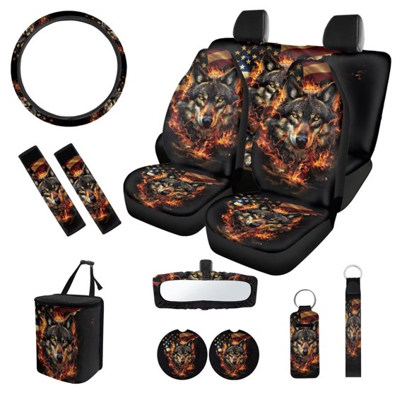 Bulopur American Flag Car Seat Cover Full Set Wolf Print Auto Interior Accessories with Steering Wheel Cover, Seat Belt Pad,Trash Bag,Key Chain,Vehicle Seat Protector Gift for Sister