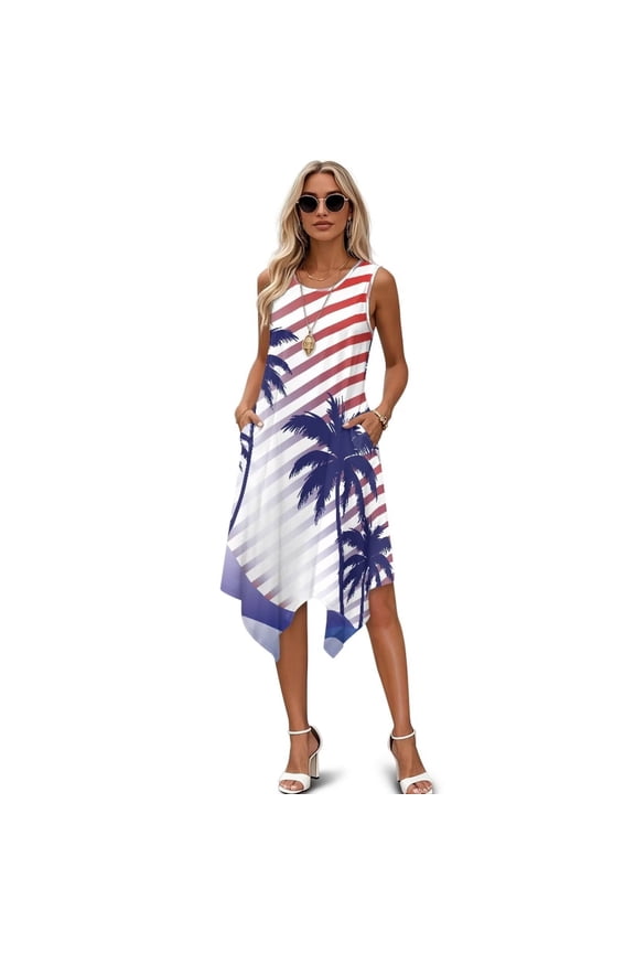 American Flag Summer Dresses for Women Casual Sleeveless Sundress with Pockets Asymmetrical Hem A Line Swing Tshirt Dress Fashion Tank Dresses for Women Summer Clothes