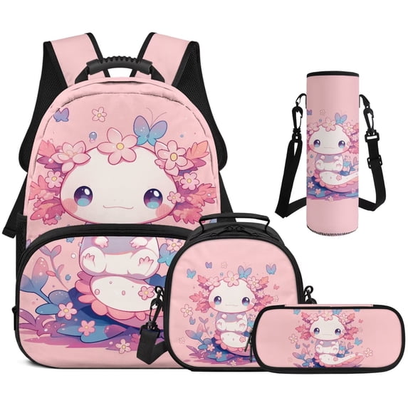 Bulopur Axolotl Girls Backpack Set, 17" Cute 4 in 1 Elementary School Bookbag with Lunch Box, Pencil Case and Water Bottle Holder, Soft Lightweight School Backpack for Girls 5-10