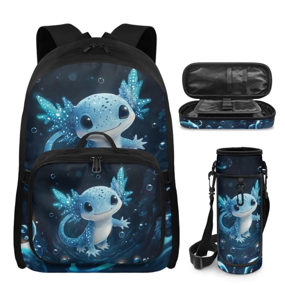 Bulopur Axolotl Print Kids Backpack Set 4 Pcs Breathable Kids School Bag with Pencil Case and Water Bottle Cover for Ocean Theme Kids
