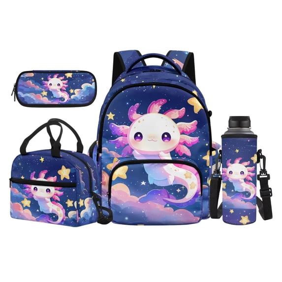Bulopur Axolotl Print Kids School Backpack Set 4 Pcs Breathable Kids School Bag with Lunch Box, Pencil Case and Water Bottle Cover for Space Theme Kids