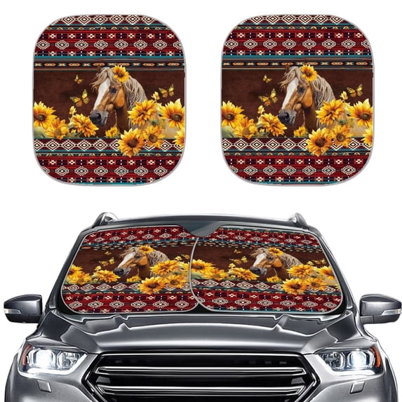 Bulopur Aztec Car Windshield Sun Shade, Sunflower Horse Protect Harmful UV rays Vehicle Sun Shade Windshield Durable Fabrics Automotive Window Sunshades for Most Trucks SUVs Vans, 2 Pcs