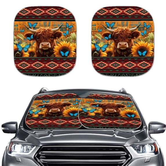 Bulopur Aztec Sun Shade Car Windshield, Butterfly Highland Cow Prevent UV Rays Car Windshield Sun Shade Foldable Removable Auto Front Window Sunshade Covers for Most Cars, Set of 2
