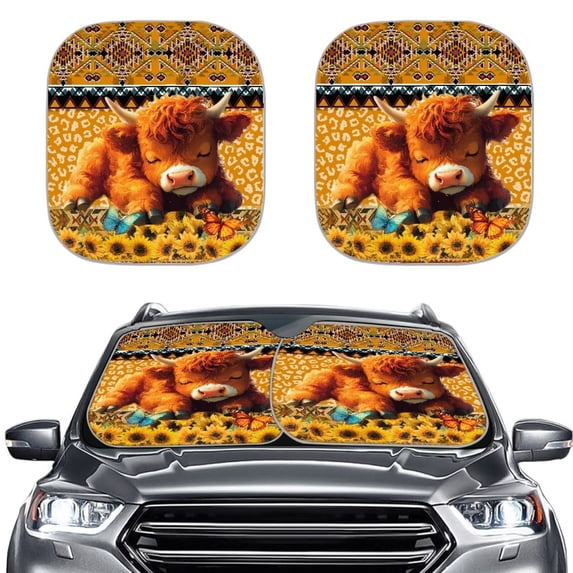 Bulopur Aztec Sun Shade Windshield, Sunflower Highland Cow Interior Sun Protection Auto Windshield Sun Shade Universal Size Cool Reflective Sun Blocker Sun Visor Protector for Van SUV Truck