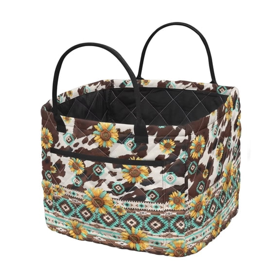 Bulopur Aztec Sunflower Quilted Laundry Basket with Handles Collapsible Quilted Storage Basket for Organizing Waterproof Laundry Storage Box Shelf Bins Room Decor