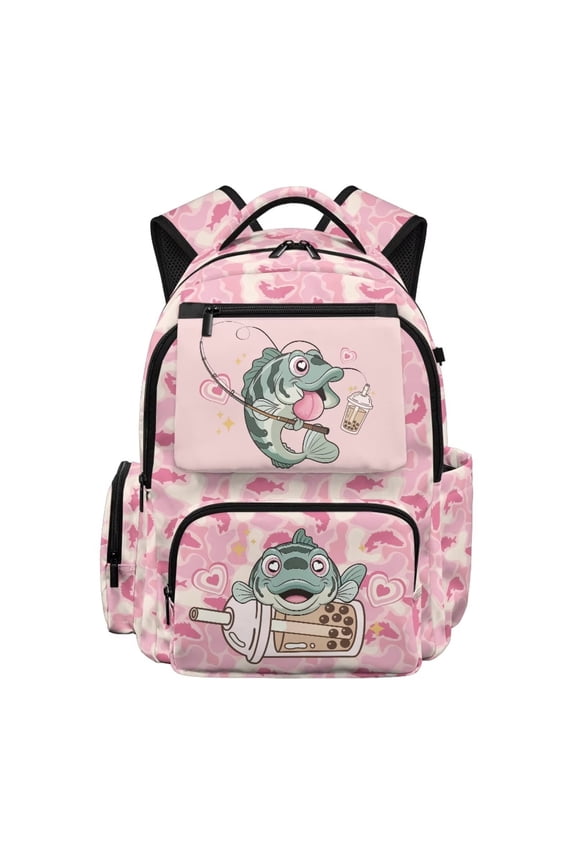 Bass Fish Kids Backpack for Girls Cute Fishing Print School Bag Lightweight Multi-Pocket Book Bag for Kids