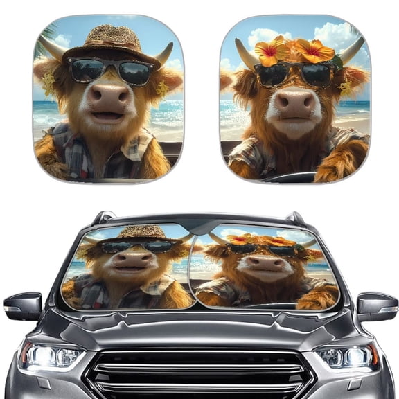 Bulopur Beach Highland Cow Car Windshield Sunshade Prevent UV Windshield Visor Sun Shade Universal Size Automotive Sunvisor Protector Car Window Shades for Most Cars, 2 Pcs