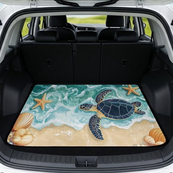 Bulopur Beach Sea Turtle Car Trunk Mat 29" x 39", Ocean Starfish Turtle Print Cargo Liner, Waterproof Non-Slip Rear Cargo Mat for Coastal Vacation