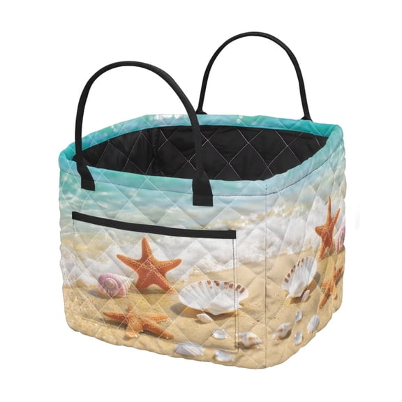 Bulopur Beach Starfish Print Quilted Laundry Basket Foldable Storage Basket with Handles and Pocket Coastal Ocean Design for Bedroom Bathroom Clothes Toys Organizing